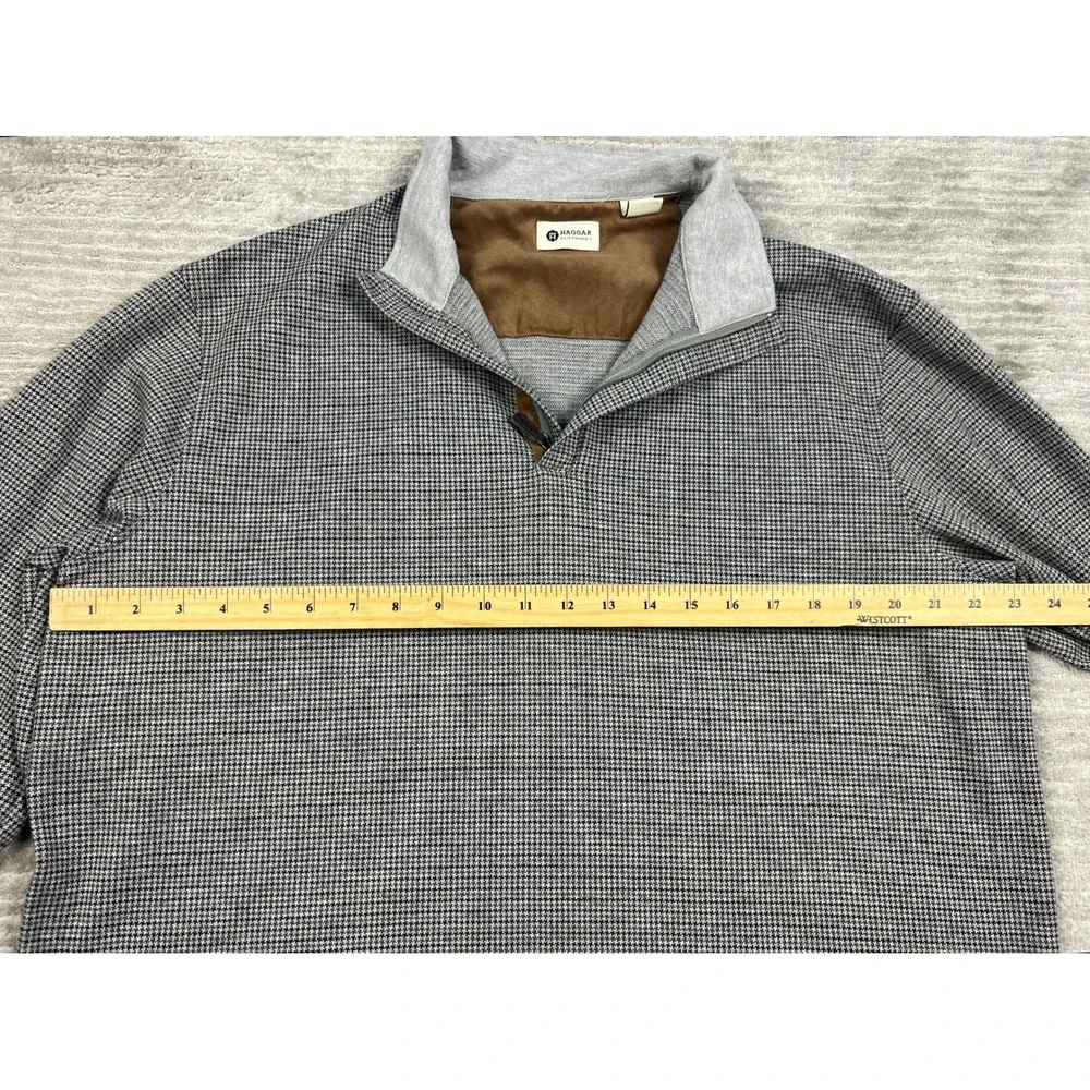 Haggar Pullover Mens XL Grey Houndstooth Quarter Zip Mock Neck Cotton Blend